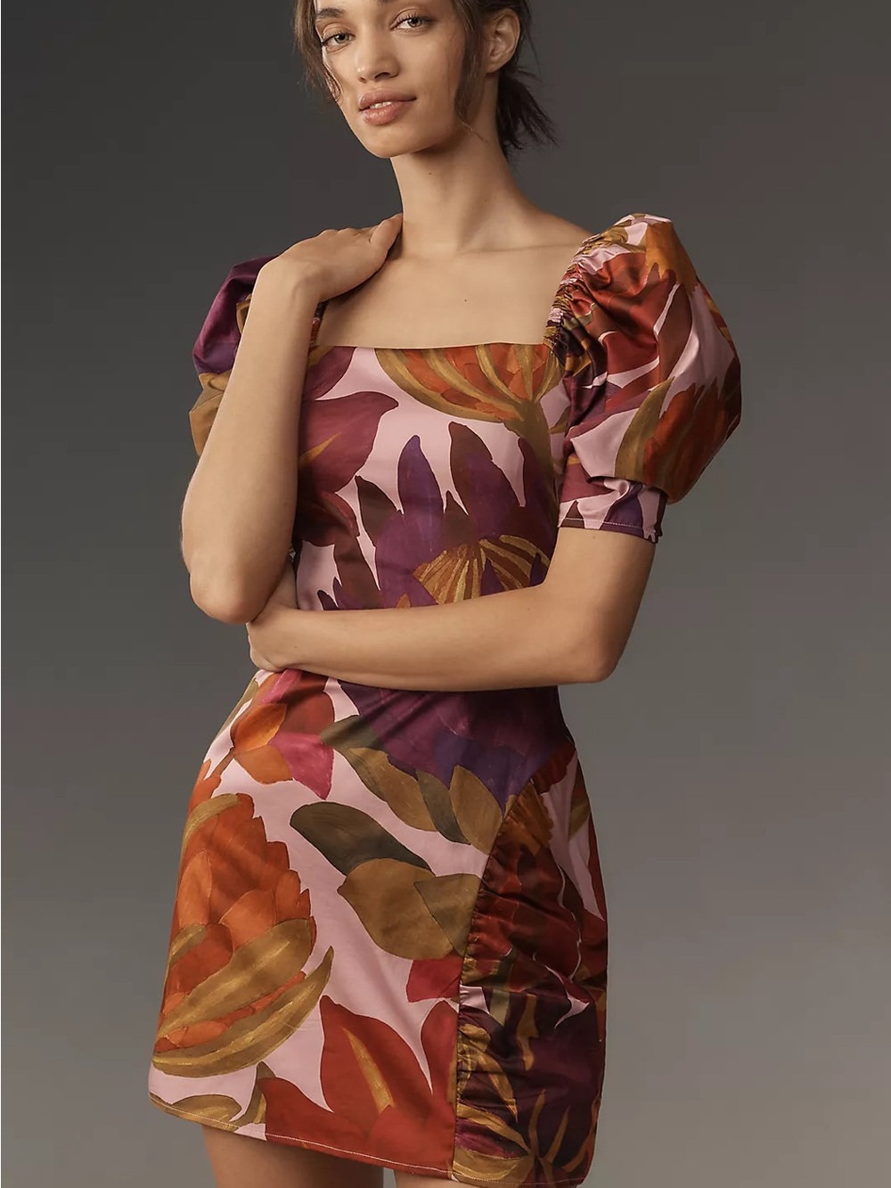 Farm Rio Puff-Sleeve Square-Neck Slim Mini Dress